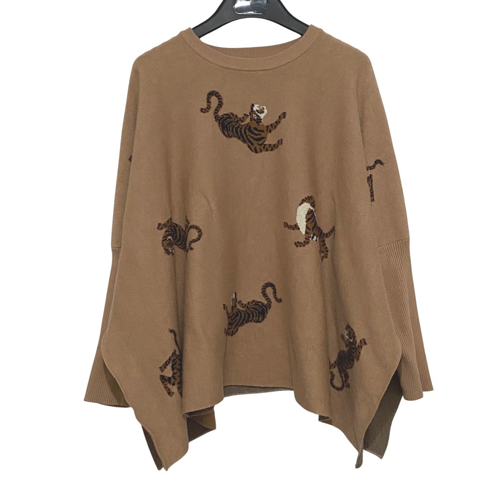 Camel Knit Swoncho Sweater Poncho Tiger Motif One Size Preppy Luxe Classic Style